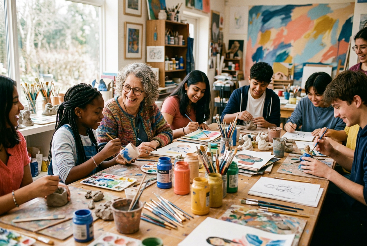 Artists and a mentor creating together in a community studio